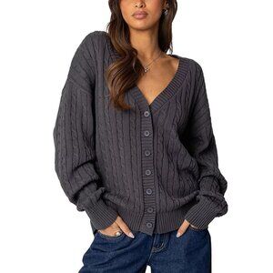 Edikted Francine Oversized V Neck Cardigan Dark Gray